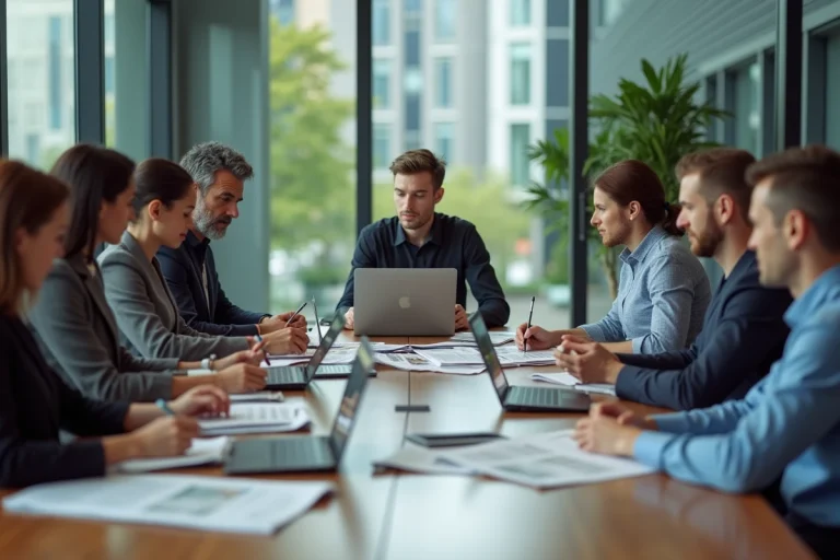 Groupe de professionnels discutant autour d'une table avec tablettes et journaux