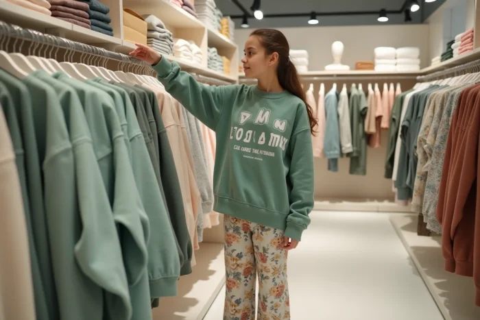 Adolescente en sweat H&M Divided vert sauge et pantalon floral en train de faire du shopping dans une boutique moderne