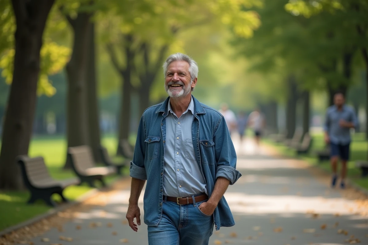 Homme marchant dans un parc verdoyant en matinée calme