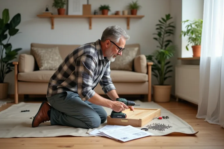 Homme d'âge moyen assemble une étagère en bois dans un salon moderne