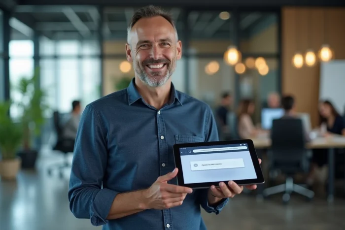 Homme en bureau moderne consultant un nouvel accès à un site web sur une tablette