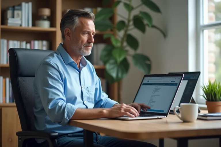 Homme d age moyen travaillant sur son ordinateur dans un bureau lumineux