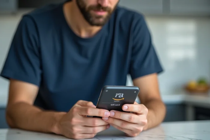 Homme saisissant le code d'un chèque cadeau Kadéos sur l'application Amazon depuis son smartphone