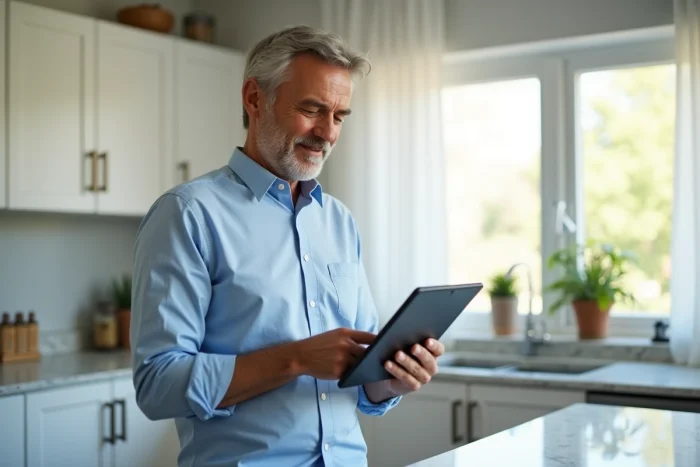 Homme consultant ses informations personnelles en ligne via une tablette dans une cuisine moderne