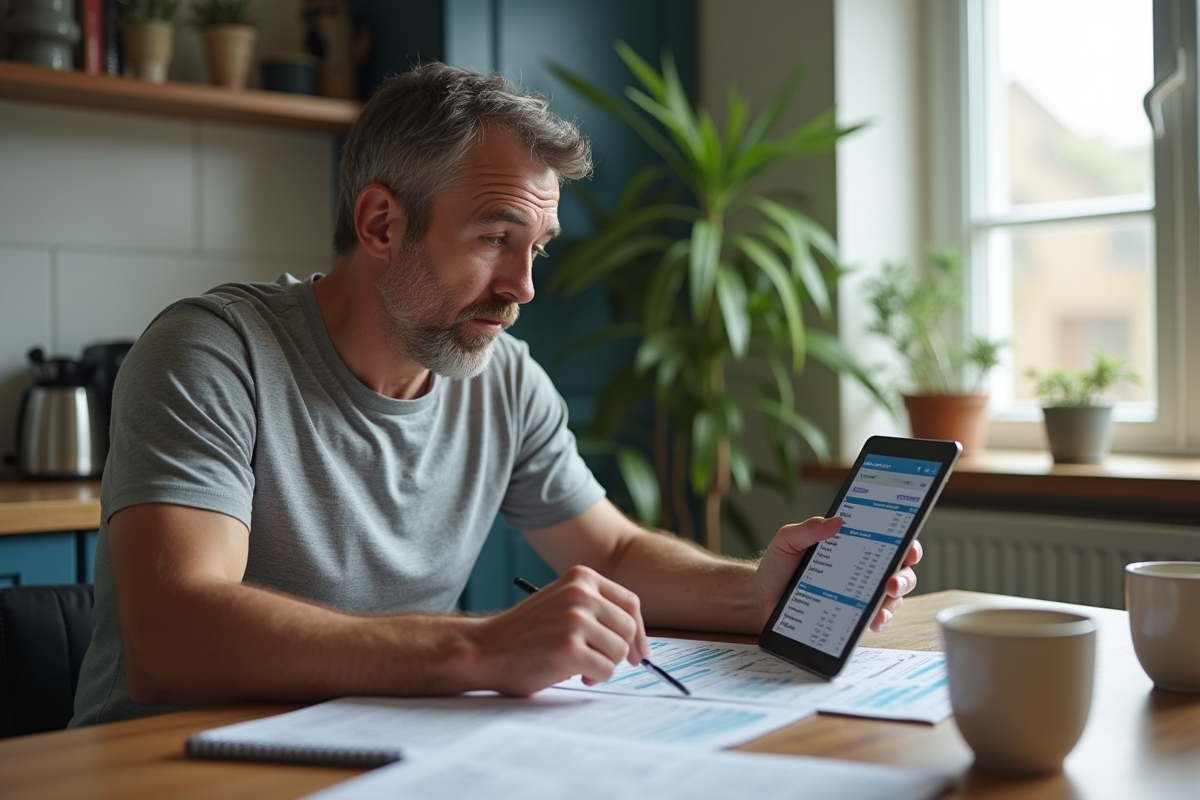 Homme compare contrats d abonnement dans sa cuisine