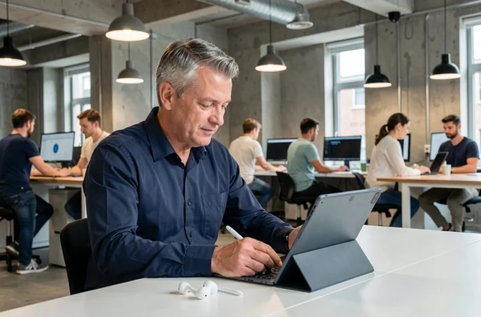 Homme d'affaires suivant un module e-learning sur une tablette dans un espace de coworking moderne et dynamique