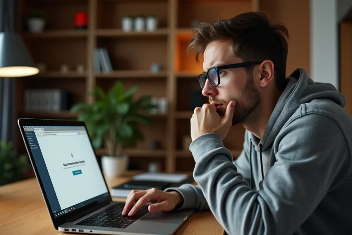 Jeune homme frustré devant un écran d'ordinateur affichant une erreur de site web inaccessible