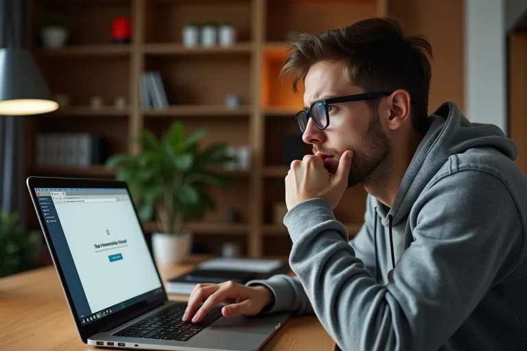 Jeune homme frustré devant un écran d'ordinateur affichant une erreur de site web inaccessible