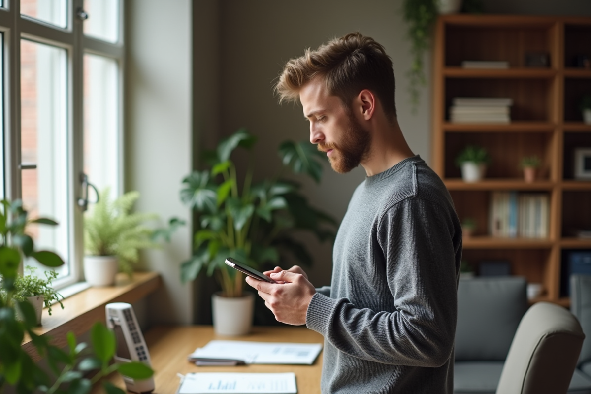 Homme décontracté vérifiant ses emails sur un smartphone dans un espace de travail à domicile