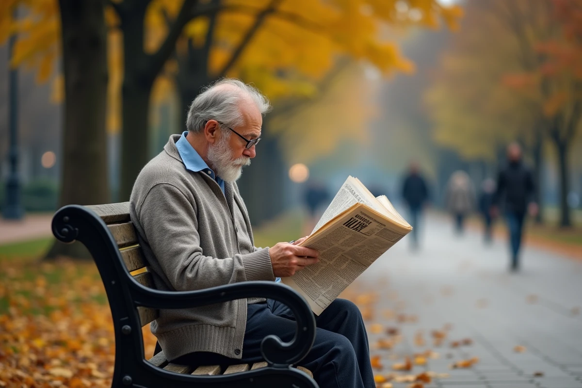 Homme âgé lisant un journal dans un parc en automne