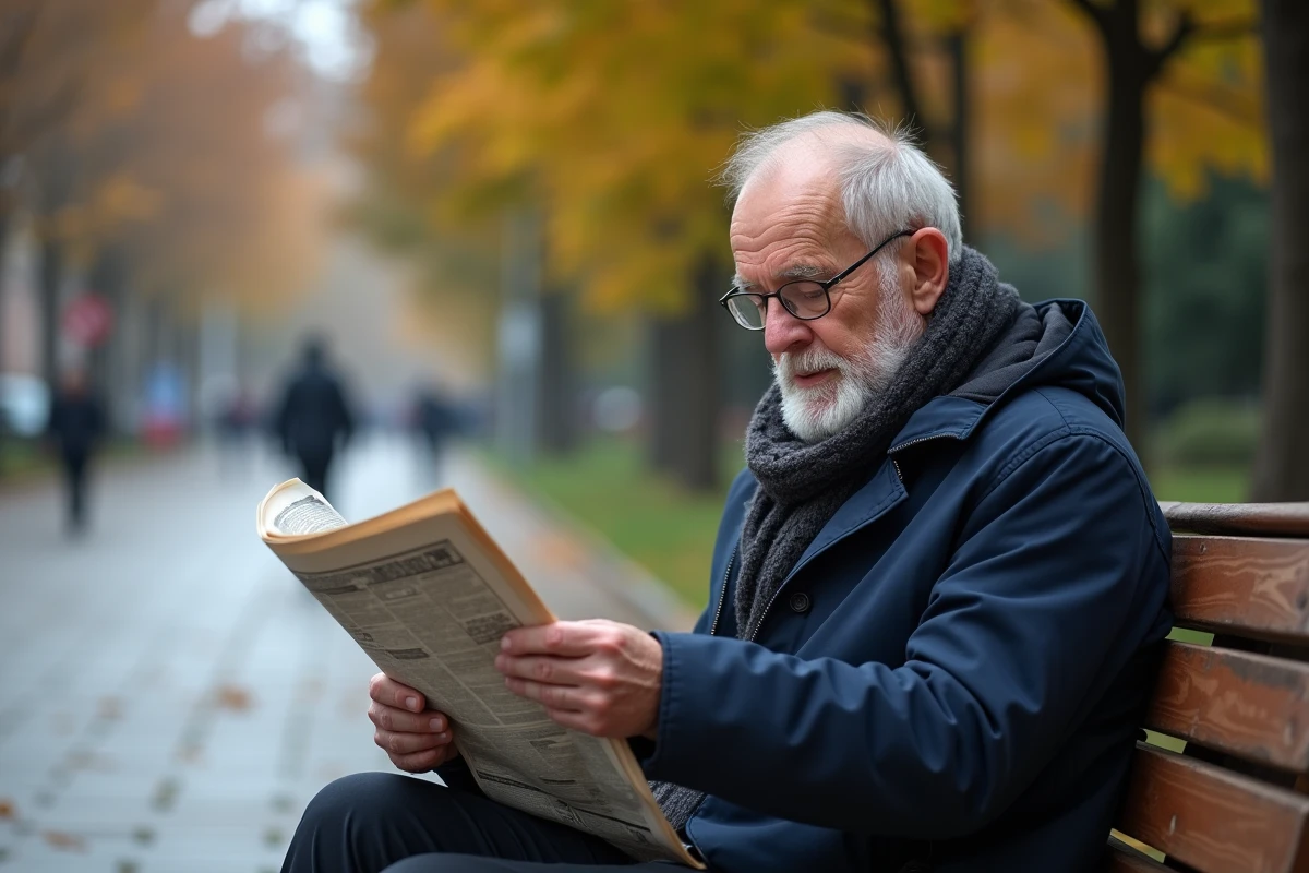Homme âgé lisant un journal sur un banc en automne