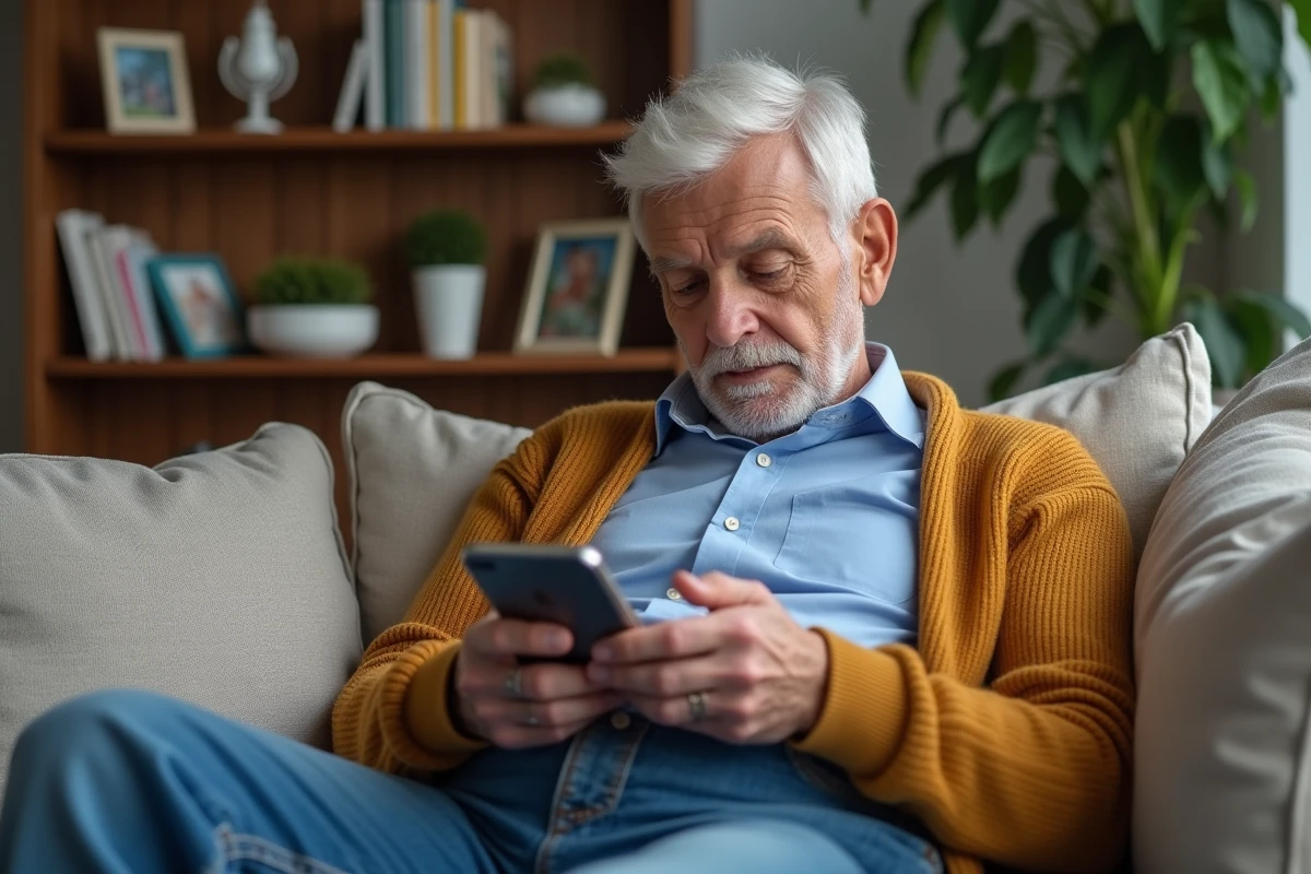 Homme âgé regardant ses données de santé sur son téléphone