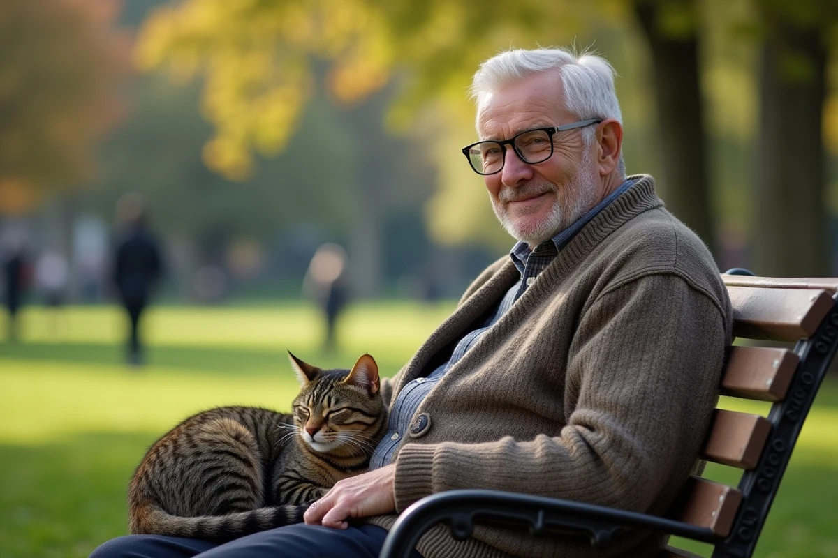 Homme âgé avec un chat dans un parc urbain