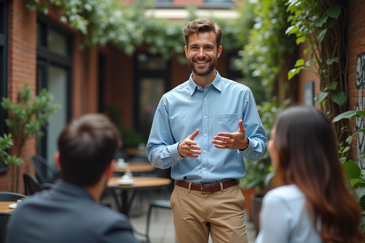 Homme présentant idées marketing en extérieur