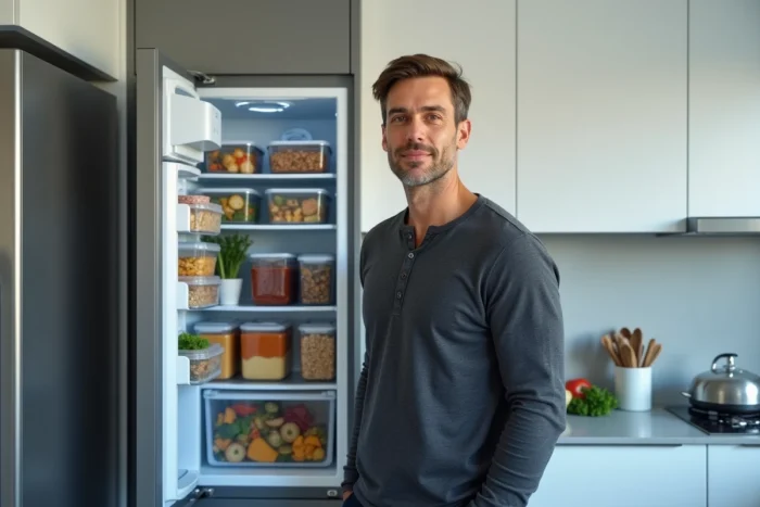 Homme ouvrant un réfrigérateur bien organisé rempli de contenants de batch cooking préparés pour la semaine