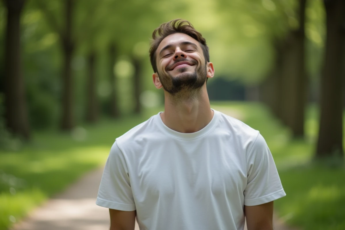 Homme respire en plein air dans un parc verdoyant