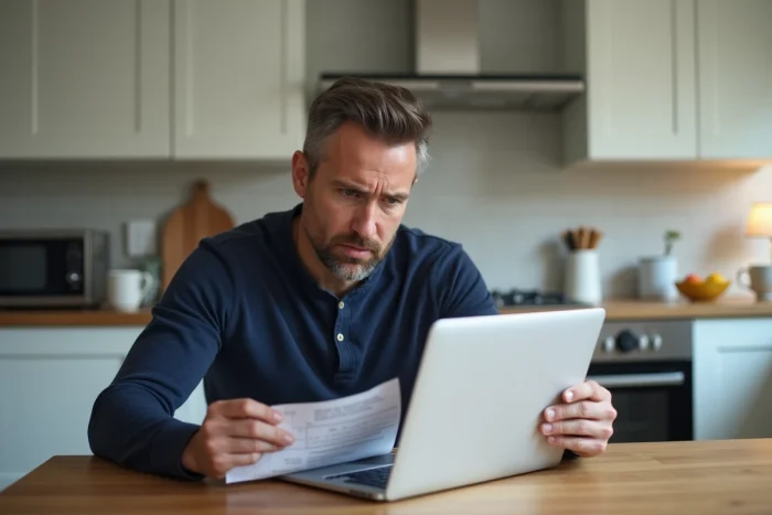 Homme consultant le suivi en ligne d'un colis GLS sur son ordinateur portable avec un bon de livraison