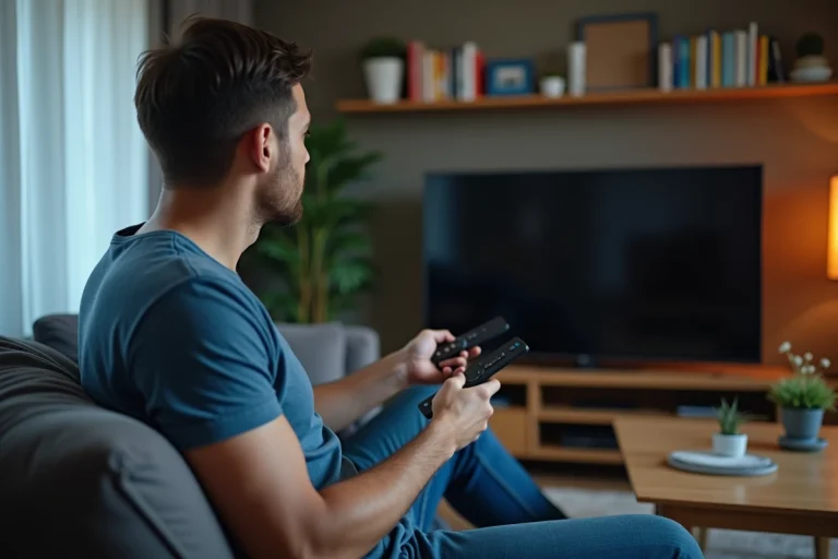 Homme regardant la télévision avec un Mi TV Stick dans un salon chaleureux