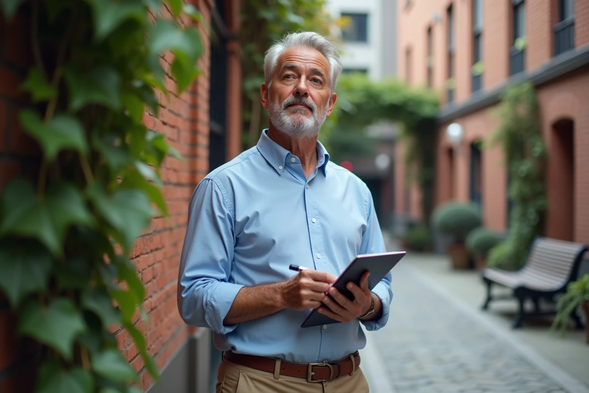 Homme pensif en extérieur près d’un mur de briques avec carnet