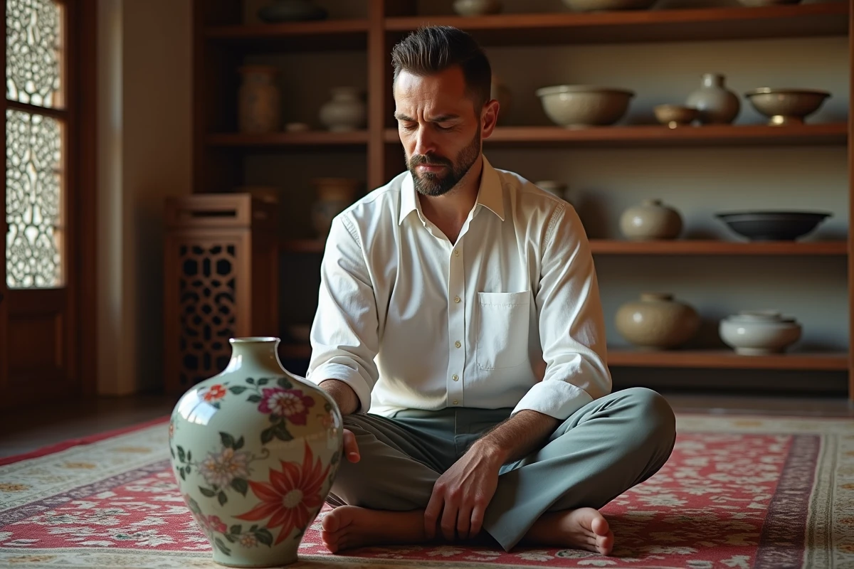 Homme regardant un vase en céramique dans un décor oriental