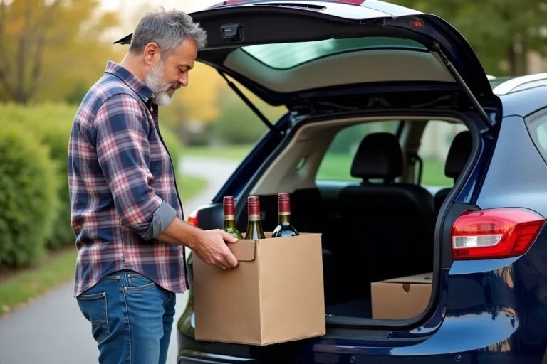 Homme français rangeant des bouteilles de vin dans la voiture