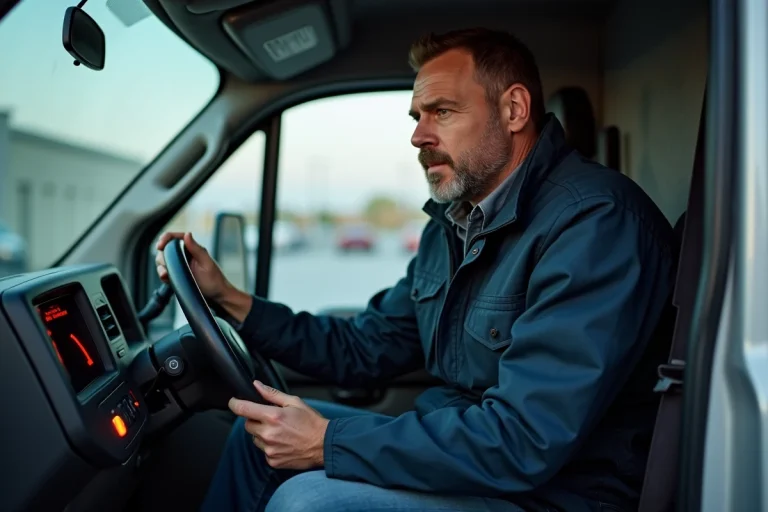 Homme en veste de travail regardant le tableau de bord du van