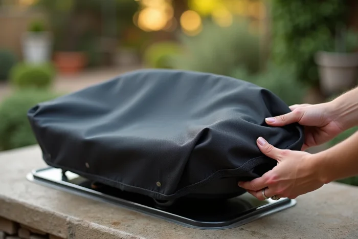 Housse de protection textile posée sur une plancha en fonte émaillée pour limiter l'encrassement entre les cuissons