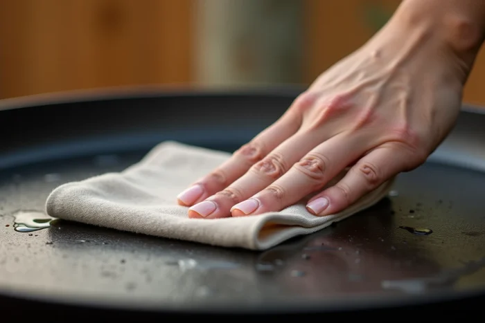 Application d'une fine couche d'huile sur une plancha en fonte émaillée propre pour protéger l'émail