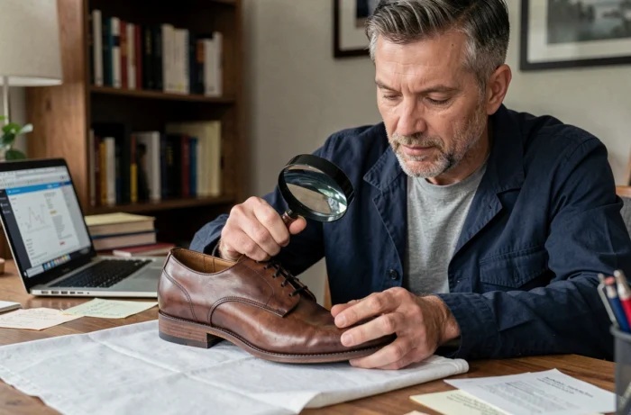 Homme inspectant la semelle d'une chaussure en cuir à la loupe pour détecter une contrefaçon