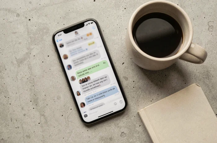 Vue aérienne d'un smartphone affichant une interface de tchat anonyme posé sur une surface en béton