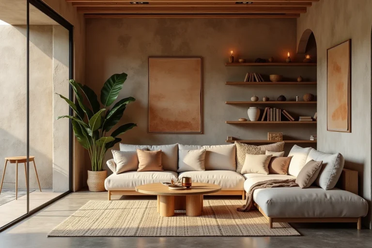 Intérieur de maison unique et inspirant mêlant matériaux naturels bruts, décoration artisanale et textiles superposés pour une ambiance authentique et personnalisée