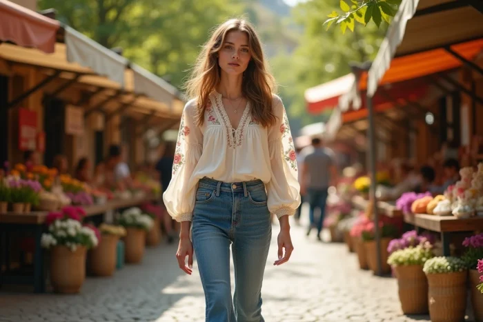 Jeune femme en blouse brodée Isabel Marant Étoile, jean évasé et bottines en daim marchant dans un marché en plein air