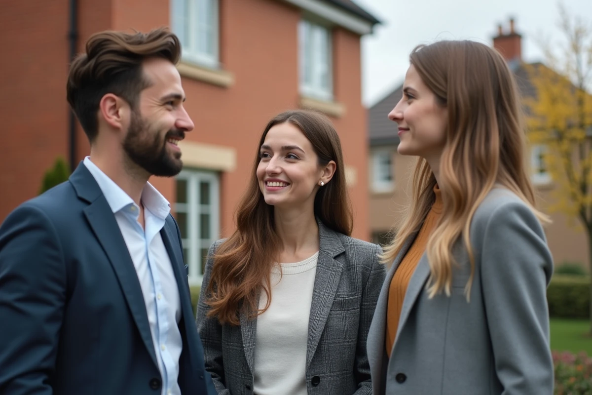 Jeune couple discutant avec un expert immobilier devant une maison neuve