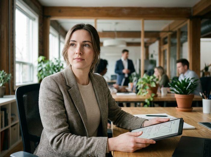 Jeune designer femme en bureau moderne en train de revoir des wireframes