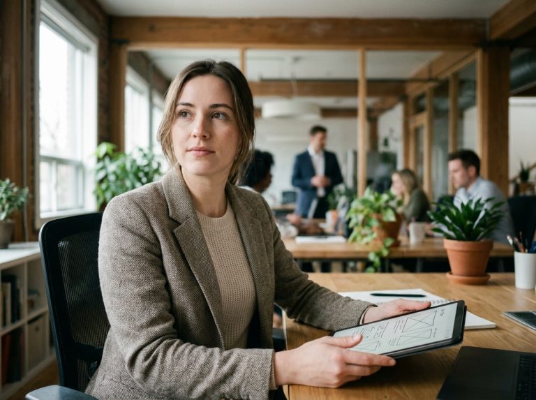 Jeune designer femme en bureau moderne en train de revoir des wireframes