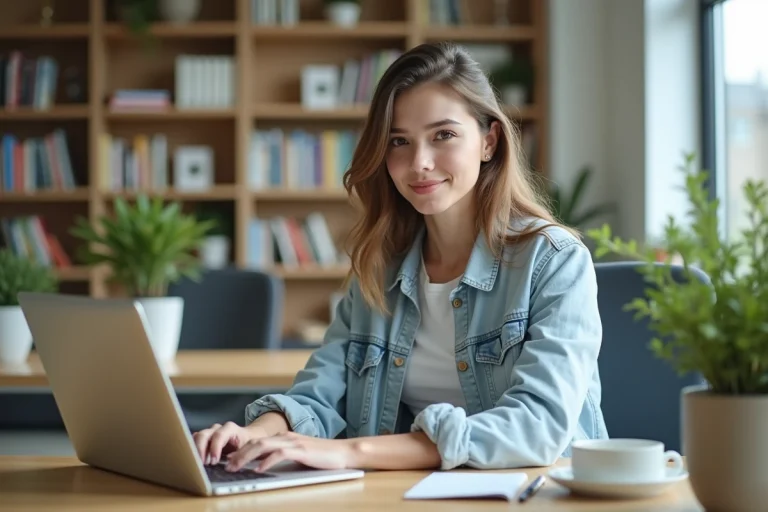 Jeune femme utilisant un ordinateur dans un espace étudiant lumineux
