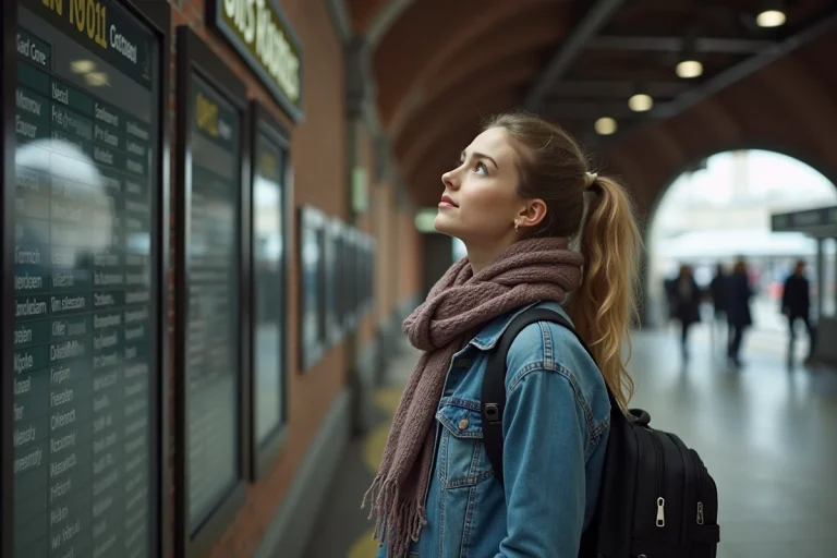 Jeune femme regardant le tableau d'horaires à Montréal