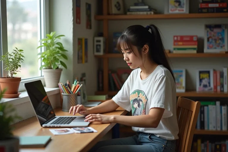 Jeune femme lisant manga sur ordinateur dans sa chambre