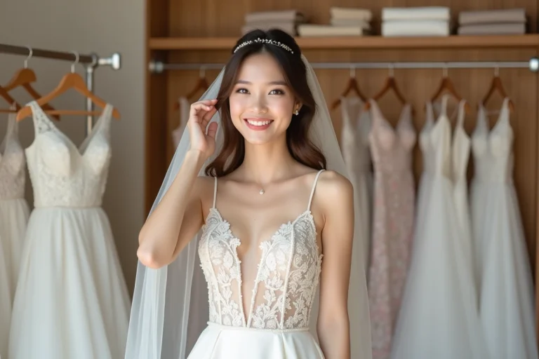 Jeune femme souriante en robe de mariée élégante ajustant son voile