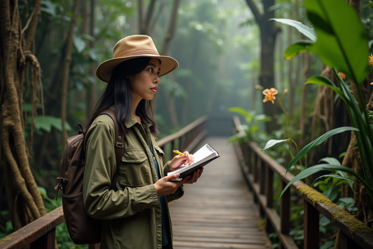 Jeune femme asiatique observe des orchids rares en forêt