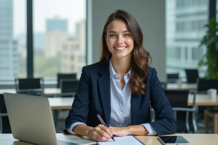 Femme professionnelle souriante dans un bureau moderne