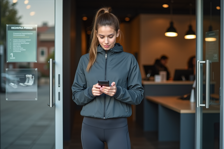 Jeune femme en sport devant une salle de gym moderne