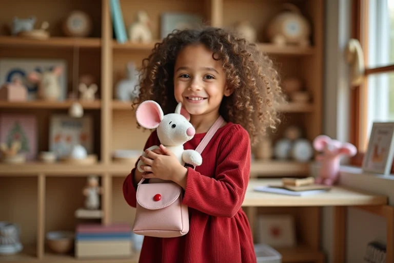 Jeune fille souriante dans une boutique de jouets en bois