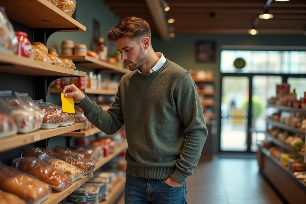 Jeune homme examinant une étiquette dans une épicerie locale
