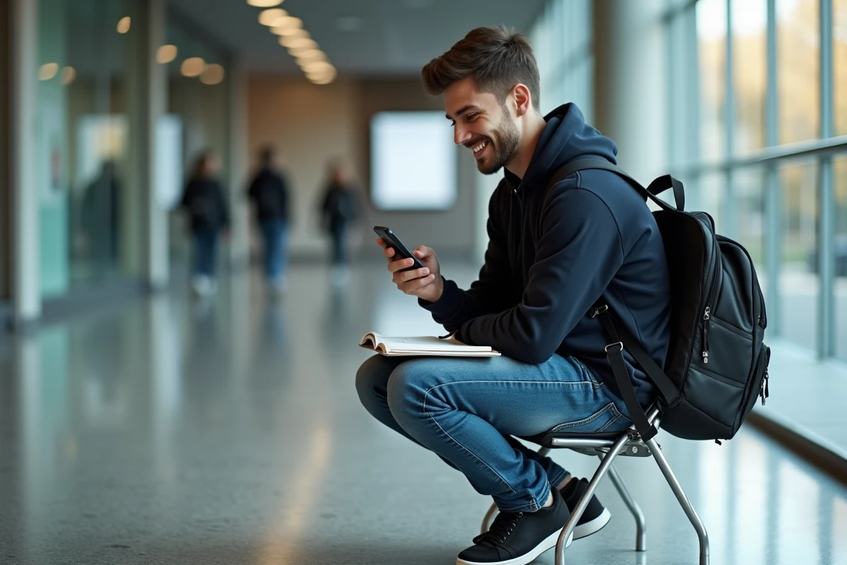 Jeune homme dans un couloir universitaire vérifiant son smartphone