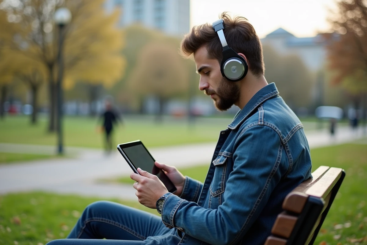 Jeune homme avec casque regardant une tablette dans un parc