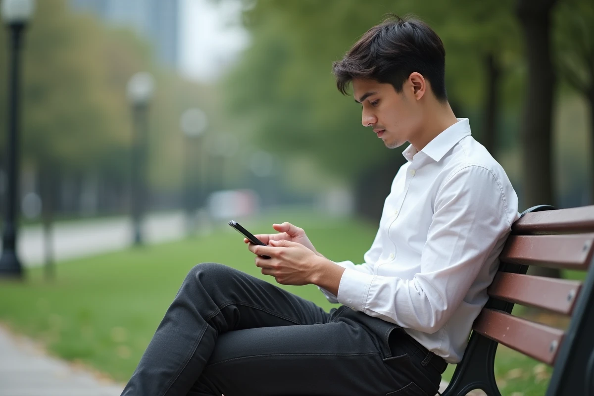 Jeune homme assis sur un banc dans un parc avec son smartphone