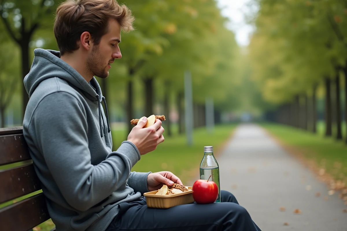 Jeune homme profitant d une pause avec snacks dans un parc