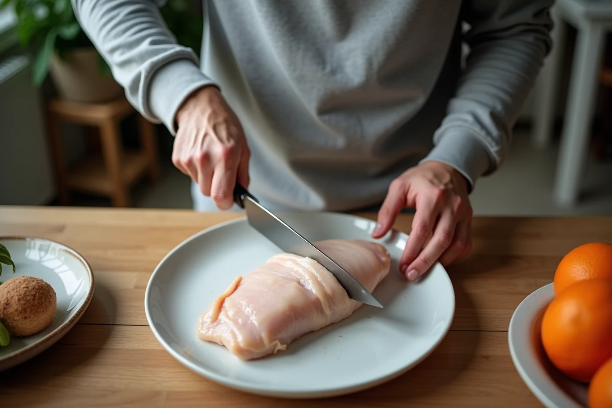 Jeune homme découpant un poulet congelé dans la cuisine