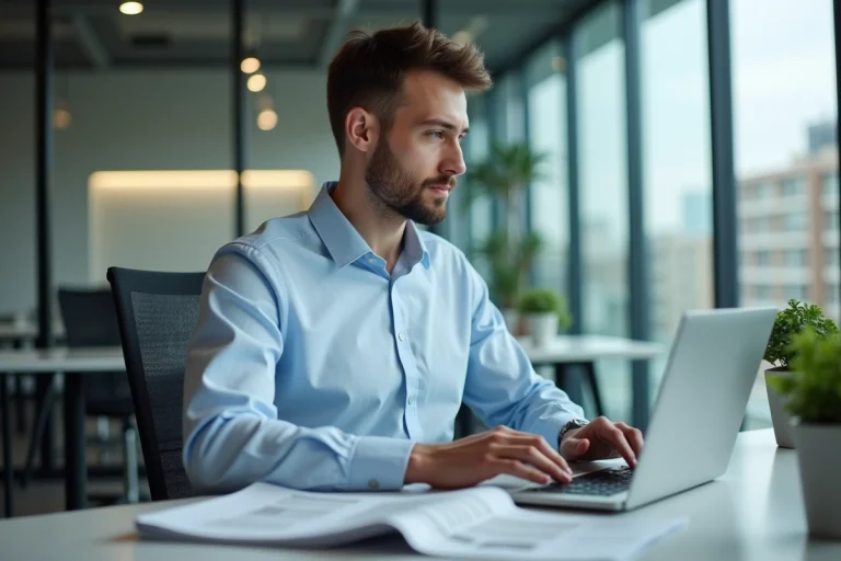 Jeune homme en bureau moderne travaillant sur son ordinateur
